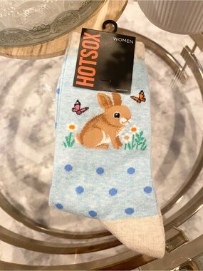 Hot Sox Light Blue Bunny & Butterfly spring time Novelty Socks w/ blue dots New